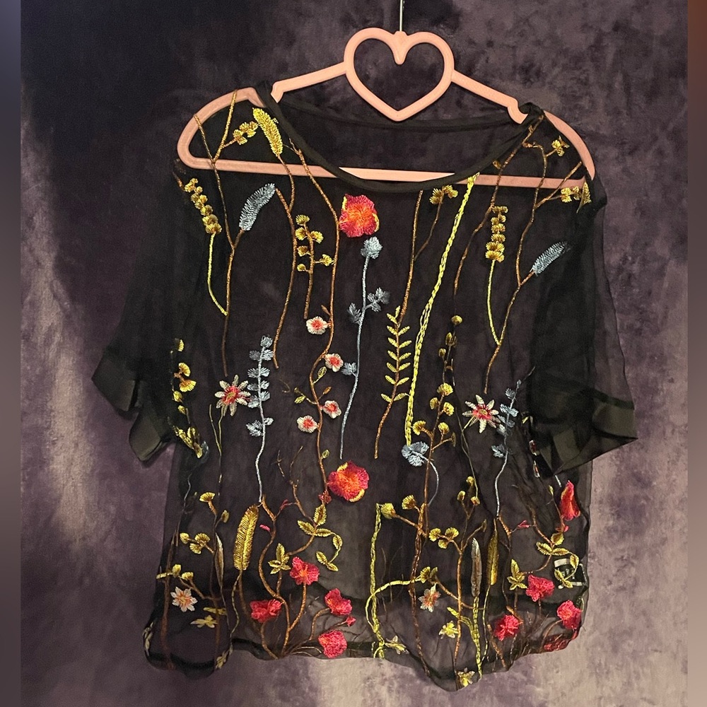 Black sheer floral embroidered pullover